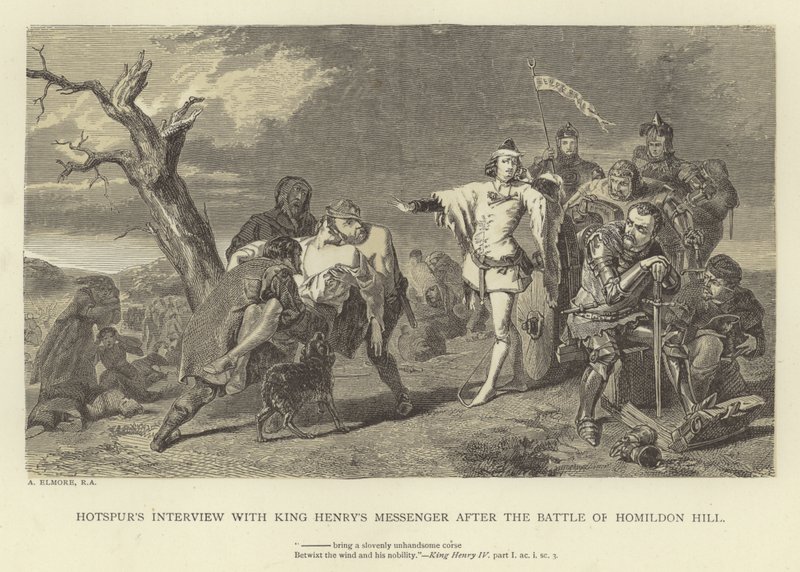 Entrevista de Hotspur com o mensageiro do rei Henrique depois da Batalha de Homildon Hill de Alfred W. Elmore