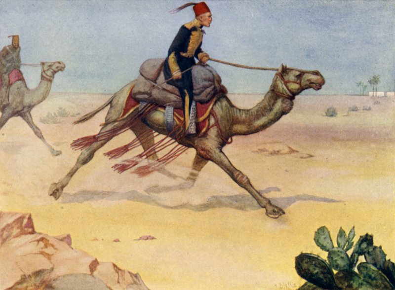 General britânico Charles George Gordon galopando pelo deserto do Saara em um camelo de Alfred Wallis Mills