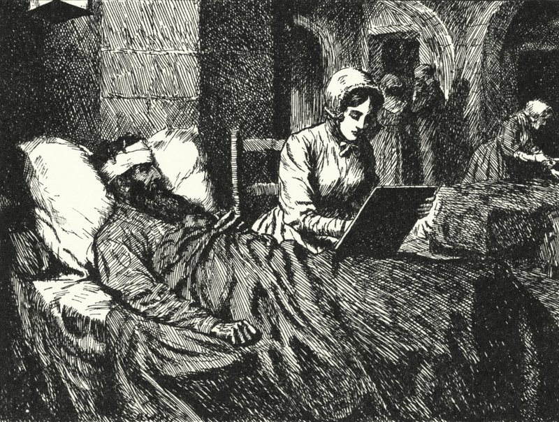Enfermeira inglesa Florence Nightingale escrevendo uma carta para um soldado ferido na Guerra da Crimeia no hospital de Scutari, 1855 de Alfred Wallis Mills
