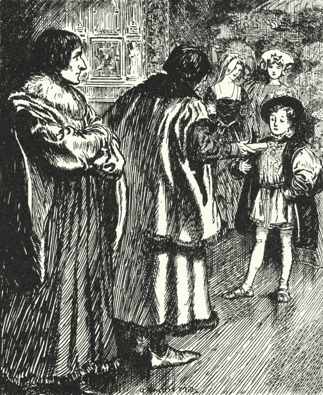 Erasmus assistindo Sir Thomas More apresentando um poema que ele havia escrito para o jovem príncipe Henrique, futuro rei Henrique VIII de Alfred Wallis Mills