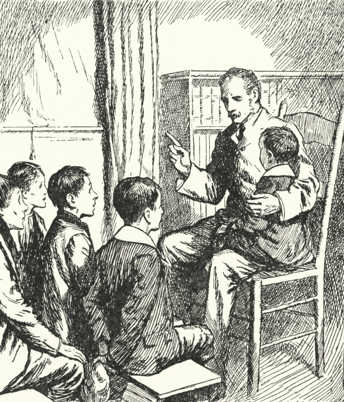 General Charles George Gordon falando com garotos maltrapilhos em histórias de Gravesend da história inglesa de Alfred Wallis Mills