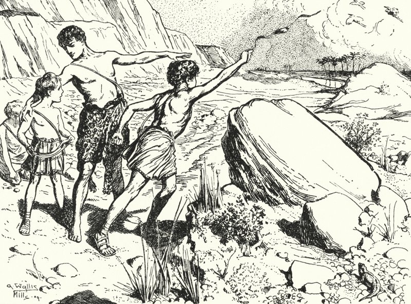 Aníbal e seus irmãos aprendendo a atirar pedras com um estilingue de Alfred Wallis Mills