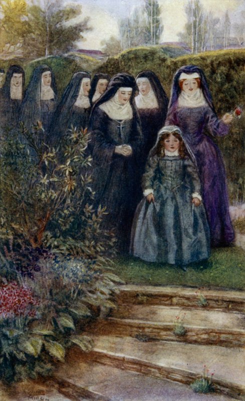 A jovem Marie-Angelique Arnauld caminhando no jardim do convento com suas freiras de Alfred Wallis Mills