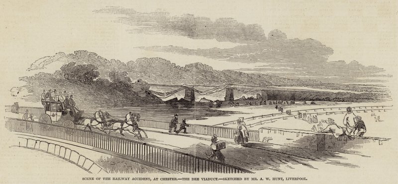 Cena do acidente ferroviário, em Chester, o viaduto de Dee de Alfred William Hunt