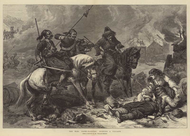A guerra, Bashi-Bazouks queimando uma aldeia de Alfred William Hunt