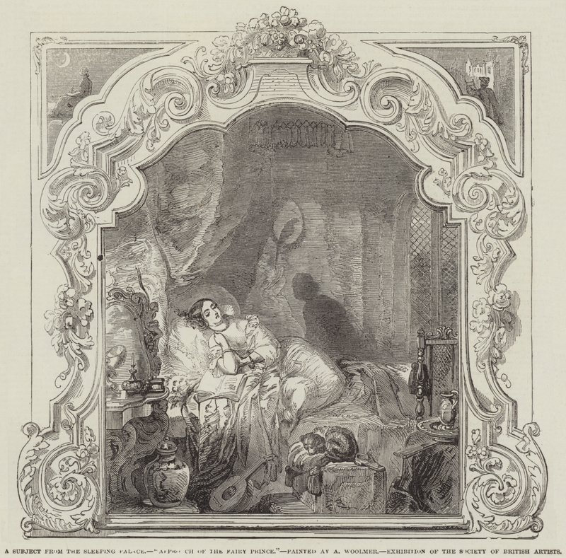 Um Assunto do Palácio Adormecido, Abordagem do Príncipe das Fadas, Exposição da Sociedade de Artistas Britânicos de Alfred Woolmer
