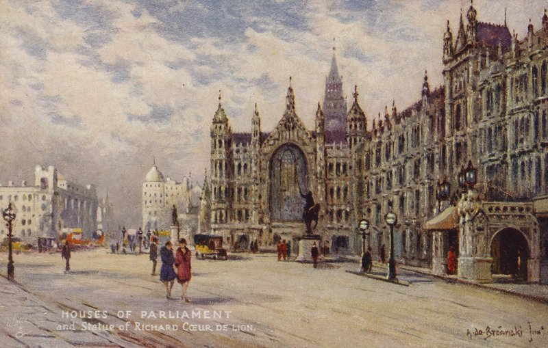 Casas do Parlamento e a estátua de Richard Coeur de Lion de Alfred de Breanski