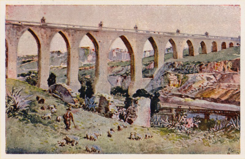 Aqueduto dos Aques Livres, Lisboa (litografia a cores) de Alfredo Roque Gameiro