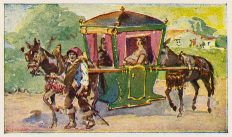 Cama puxada por cavalos (litografia a cores) de Alfredo Roque Gameiro