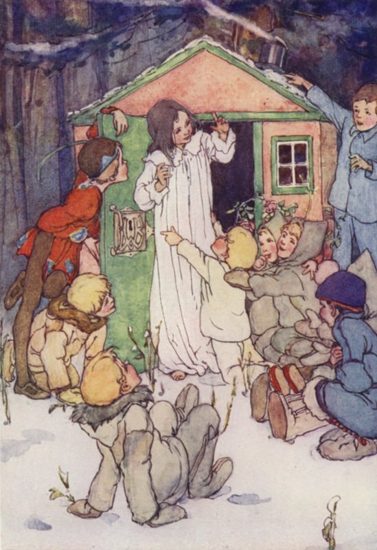 Os Meninos Perdidos ajoelharam-se diante dela (cor litho) de Alice Bolingbroke (after) Woodward