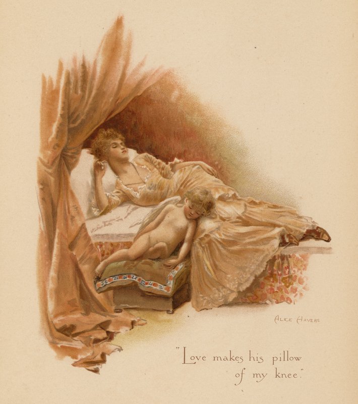 Velhas canções de amor: "O amor faz do meu joelho a sua almofada". (litografia a cores) de Alice Havers