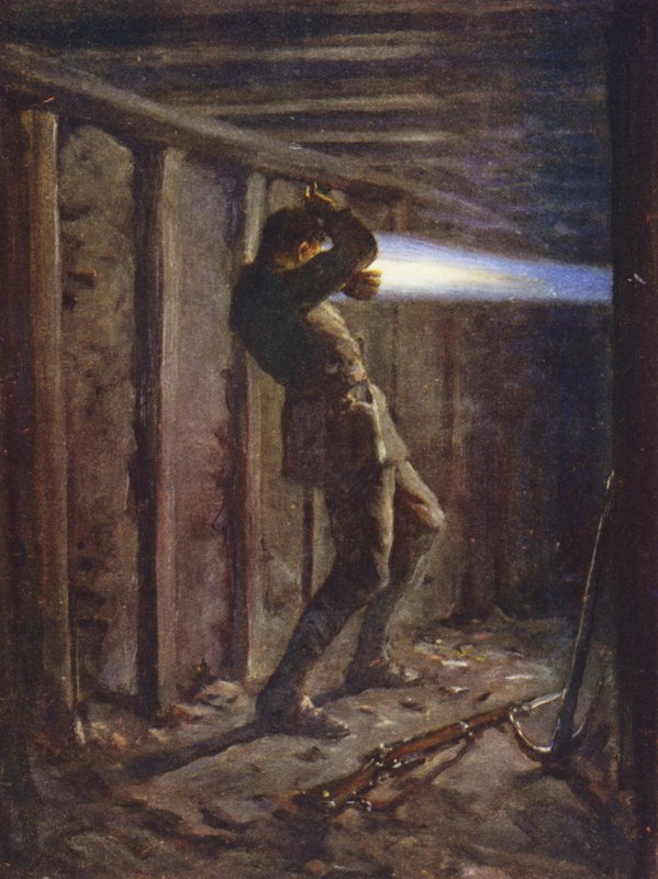 Uma língua de chama azul saindo do lado inimigo de uma galeria de minas e queimando severamente Private T Bytheway, 20 de outubro de 1915 (lito colorido) de Allan (after) Stewart