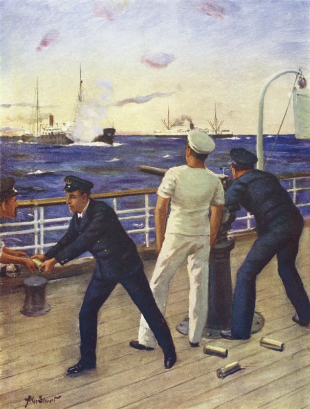 Midshipman Reginald Himbury auxiliando os artilheiros do Clan McTavish na luta com o invasor alemão Moewe de Allan (after) Stewart