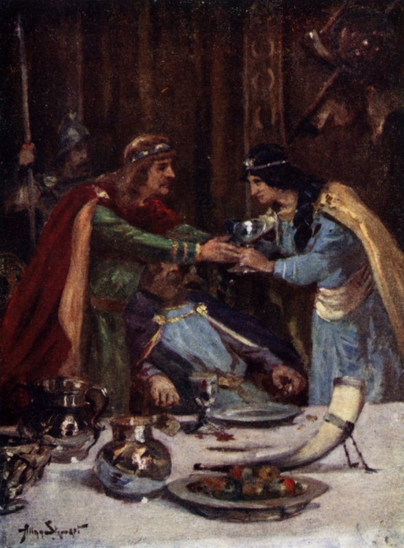 Envenenamento do rei Aethelbert II de East Anglia por Cynethryth, esposa de Offa II de Mercia, 794 (lito a cores) de Allan (after) Stewart