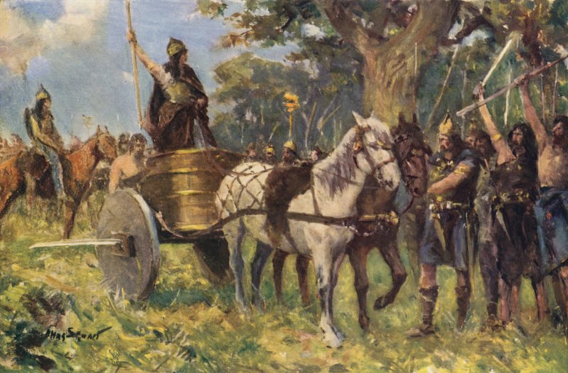 Rainha Boadicea Dirigindo-se aos britânicos (cor litho) de Allan (after) Stewart