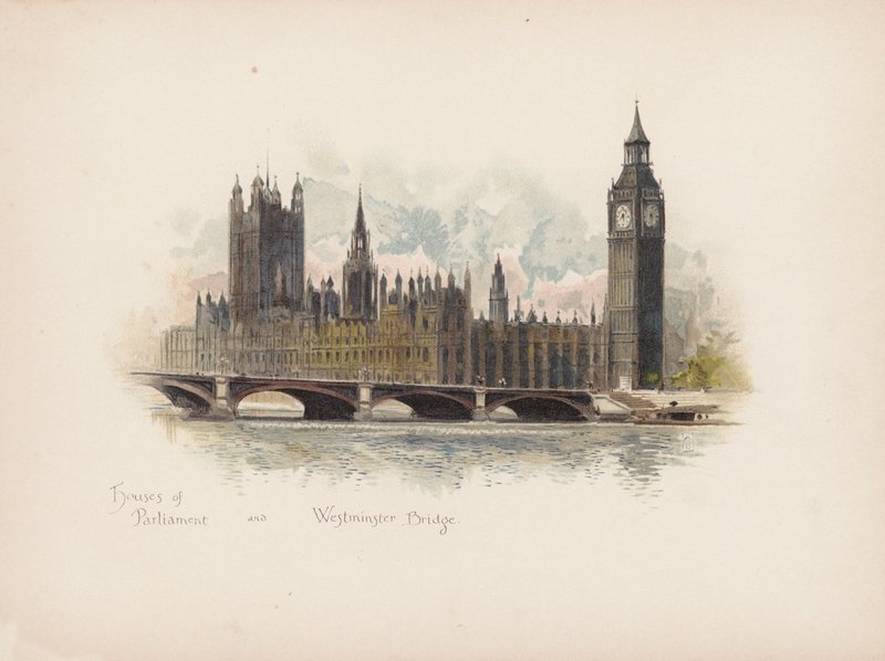 Londres familiar: Casas do Parlamento e Ponte de Westminster (litografia a cores) de Allan F. Barraud