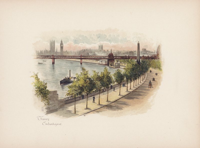 Londres familiar: Aterro do Tamisa (litografia a cores) de Allan F. Barraud