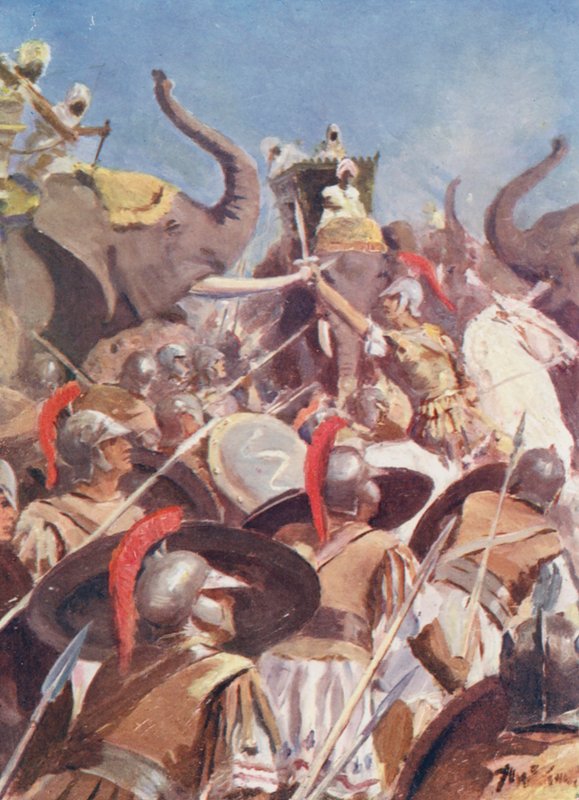 Batalha de Alexandre contra Porus no Jhelum (litografia a cores) de Allan Stewart