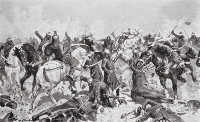 A última resistência dos Rajputs contra os Muhammadans em 1192 d.C. (litografia) de Allan Stewart