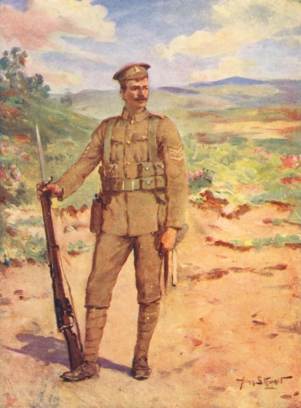 WW1: Um soldado britânico moderno (litografia a cores) de Allan Stewart