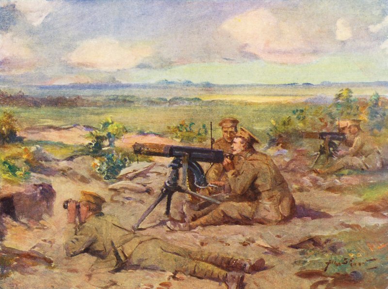 Primeira Guerra Mundial: metralhadoras em ação (litografia a cores) de Allan Stewart
