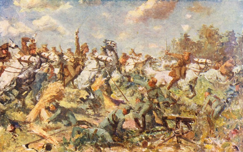 Primeira Guerra Mundial: A Carga dos Escoceses, agosto de 1914 (litografia a cores) de Allan Stewart