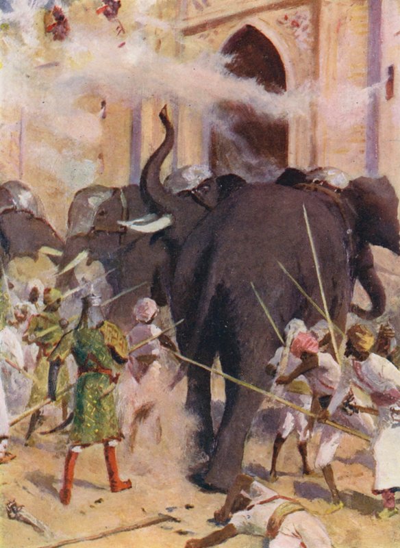 Elefantes de guerra atacam os portões do forte de Arcot (litografia a cores) de Allan Stewart