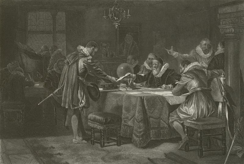 Henry Hudson recebendo sua comissão da Companhia Holandesa das Índias Orientais, 1609 de Alonzo Chappel