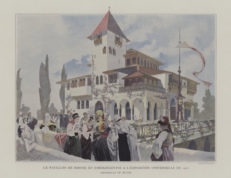 Pavilhão da Bósnia e Herzegovina na Exposição Universelle 1900, Paris (cor litho) de Alphonse Marie (after) Mucha