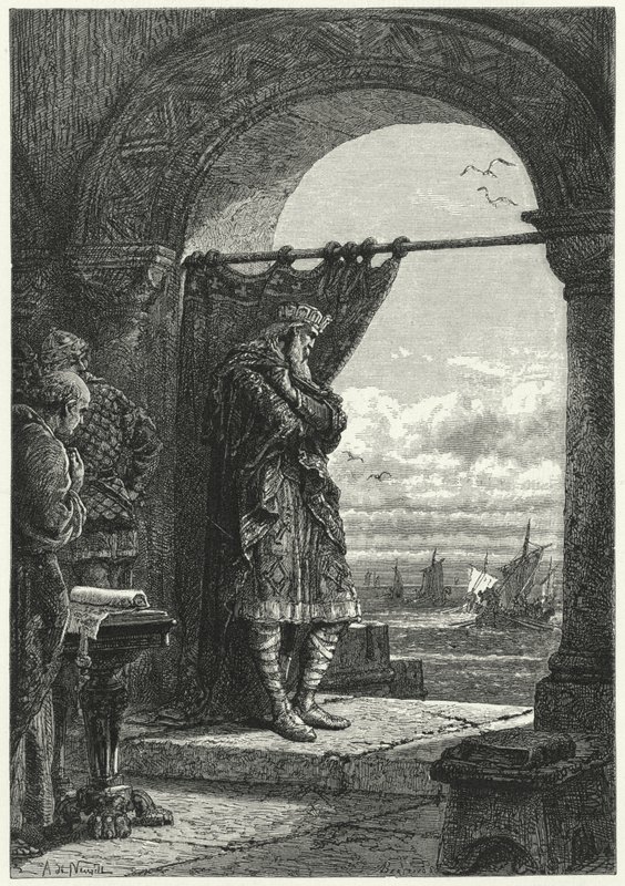Carlos Magno observando ansiosamente a aproximação de navios que transportam os Raiders Normandos (gravura) de Alphonse Marie de (after) Neuville