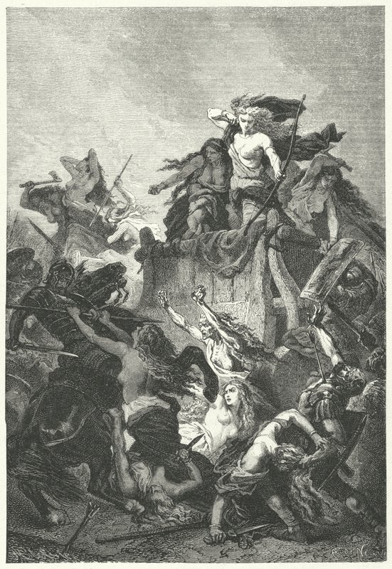 Mulheres germânicas defendendo seu campo até a morte (gravura) de Alphonse Marie de (after) Neuville