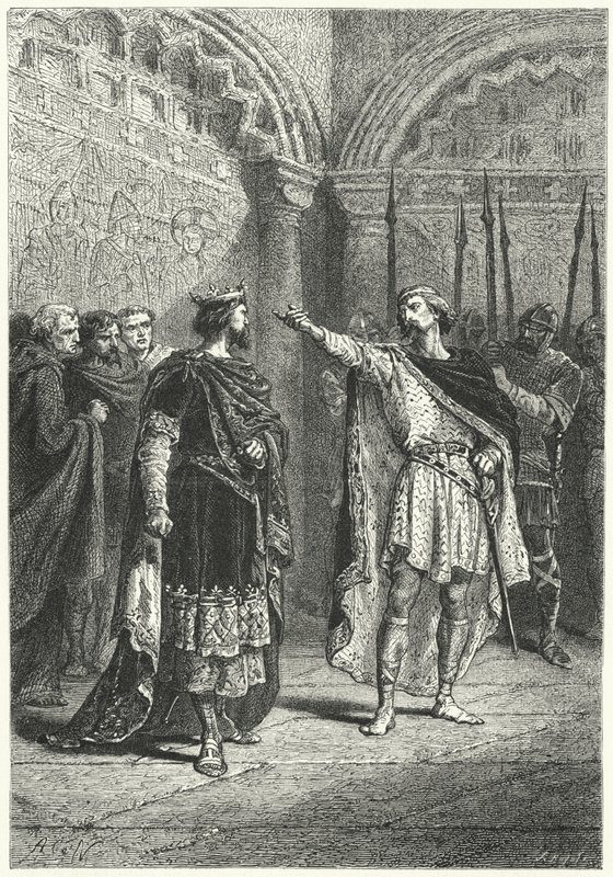 Hugh Capet, Rei dos Francos, e o rebelde Conde Adalbert de Perigord, 987 (gravura) de Alphonse Marie de (after) Neuville