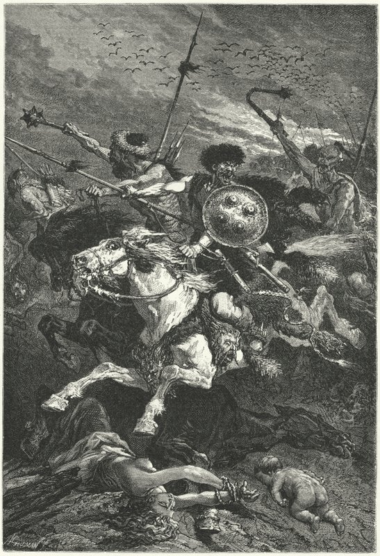 Hunos carregando na Batalha de Chalons, 451 (gravura) de Alphonse Marie de (after) Neuville