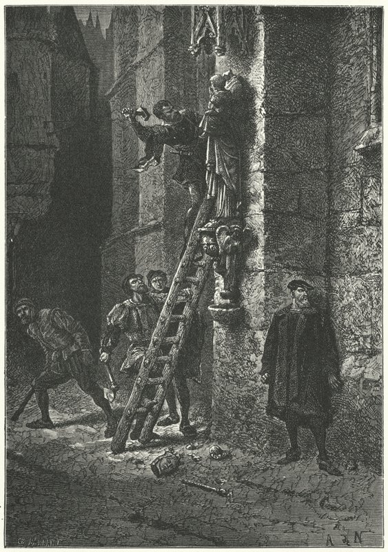 Protestantes destruindo uma estátua da Virgem e do Menino em Notre Dame, Paris de Alphonse Marie de (after) Neuville