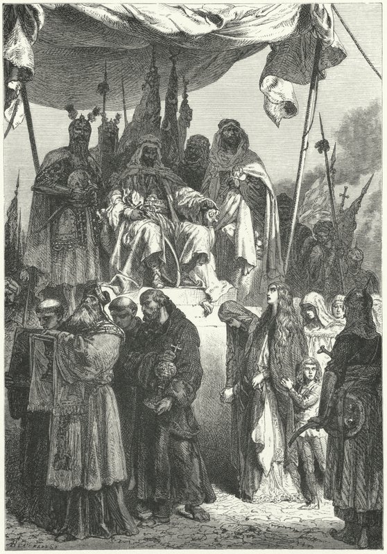 Saladino a ver os cristãos capturados a passar depois da sua captura de Jerusalém de Alphonse Marie de (after) Neuville