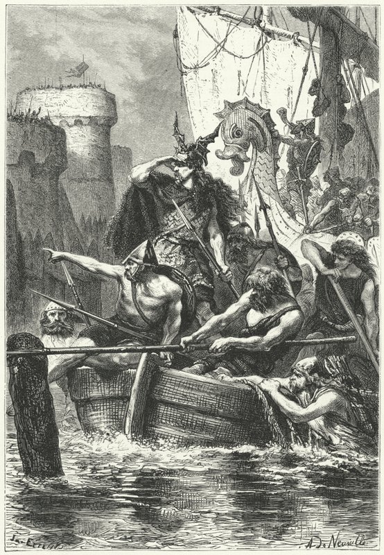 A frota normanda que ataca Paris, 885 (gravura) de Alphonse Marie de (after) Neuville