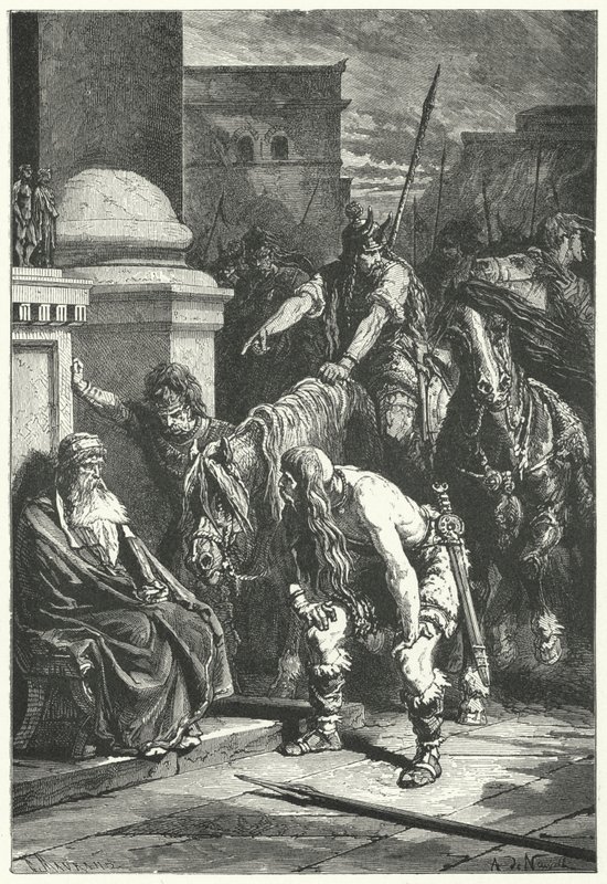 A morte do cônsul romano Marcus Papirius no saco gálico de Roma, 387 a.C. (gravura) de Alphonse Marie de (after) Neuville