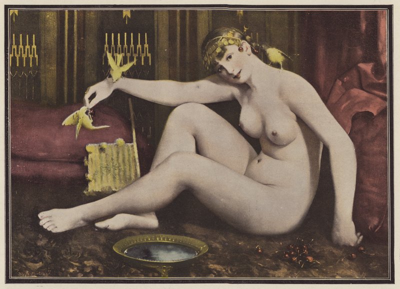 Alimentando os pássaros (lito colorido) de Alphonse Pellet