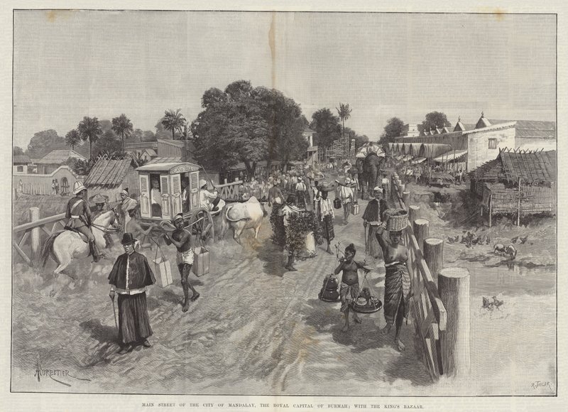 Rua principal da cidade de Mandalay, a capital real de Burmah; com o Bazar do Rei de Amedee Forestier