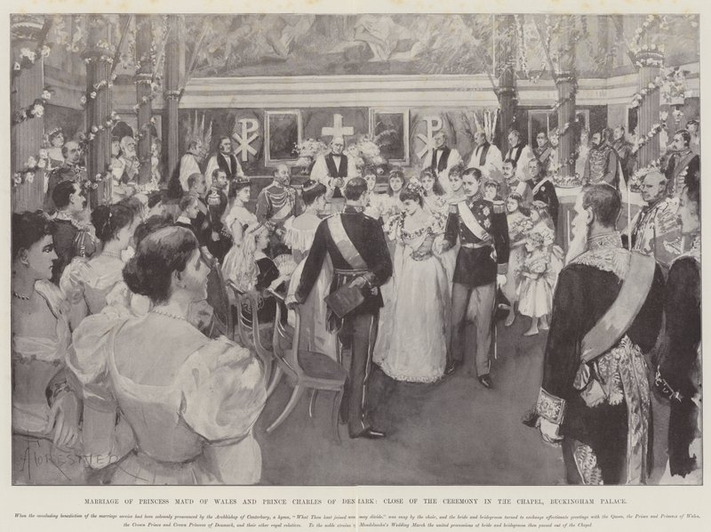 Casamento da Princesa Maud de Gales e Príncipe Carlos da Dinamarca, encerramento da cerimônia na capela, Palácio de Buckingham de Amedee Forestier