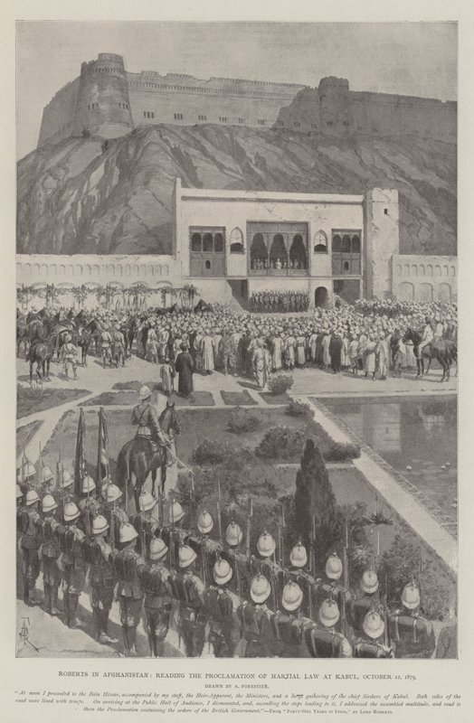 Roberts no Afeganistão, lendo a Proclamação da Lei Marcial em Cabul, 12 de outubro de 1879 de Amedee Forestier