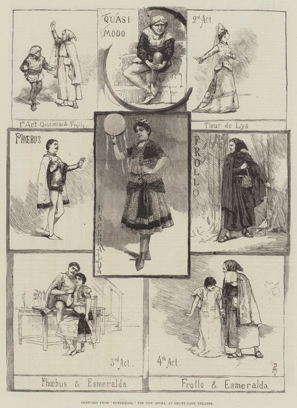 Esboços de Esmeralda, a nova ópera, no teatro Drury-Lane de Amedee Forestier