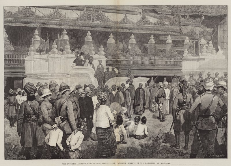 O arcebispo budista de Burmah recebe Sir Frederick Roberts no mosteiro de Mandalay de Amedee Forestier
