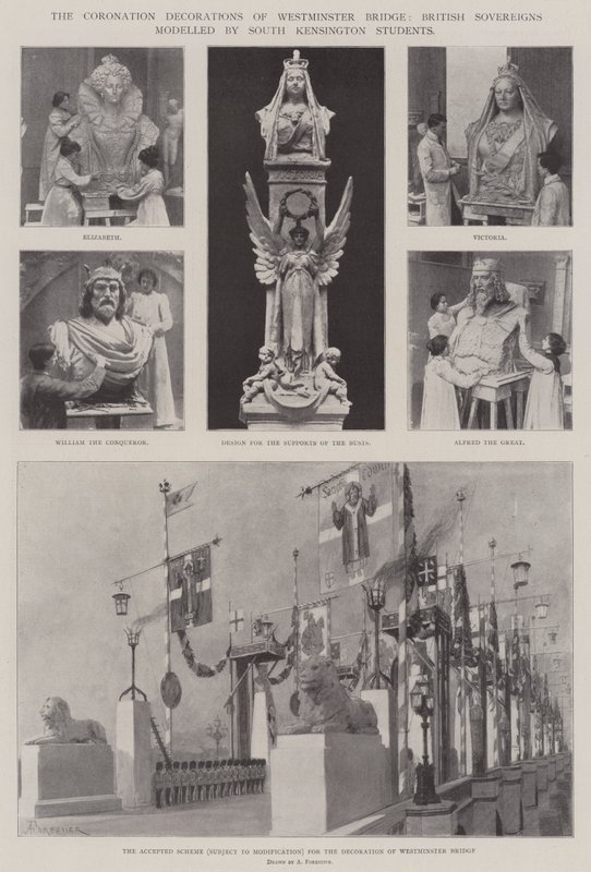 As decorações de coroação da ponte de Westminster, soberanos britânicos modelados por estudantes de South Kensington de Amedee Forestier