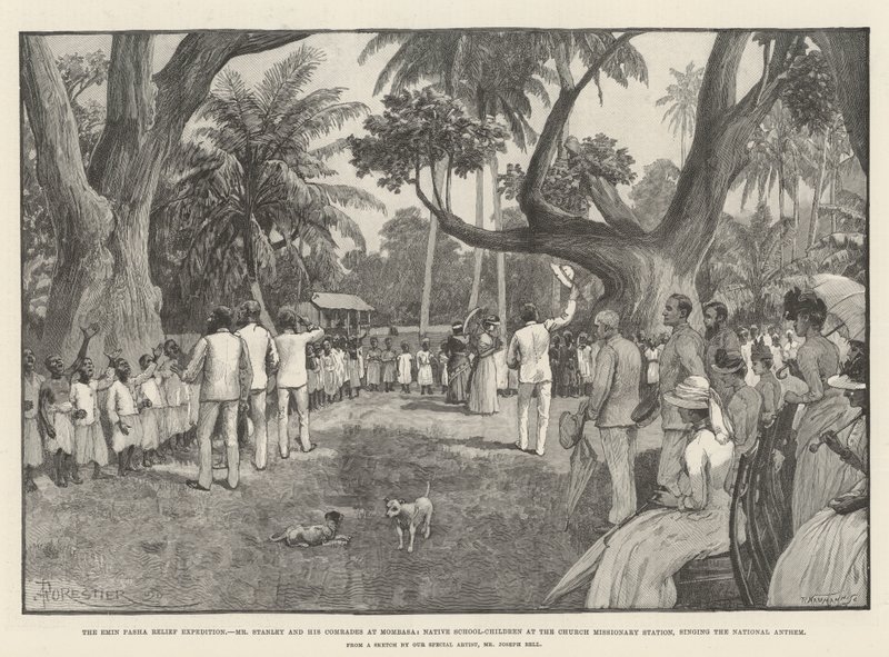 A Expedição de Socorro de Emin Pasha, Sr. Stanley e seus camaradas em Mombasa, Escola Nativa de Crianças na Estação Missionária da Igreja, cantando o Hino Nacional de Amedee Forestier