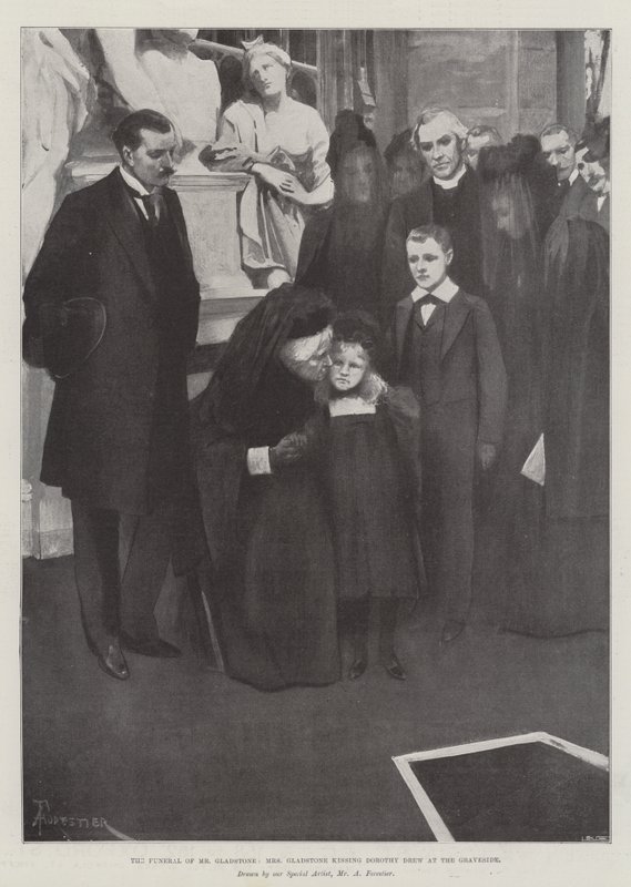 O Funeral do Sr. Gladstone, Sra. Gladstone beijando Dorothy Drew no Graveside de Amedee Forestier