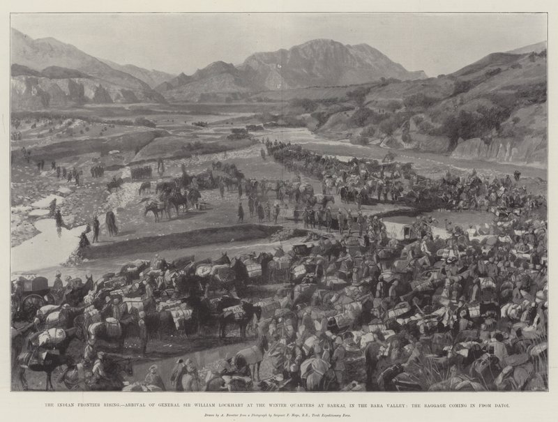 A ascensão da fronteira indiana, chegada do general Sir William Lockhart no Winter Quarters em Barkai, no vale de Bara, a bagagem vinda de Datoi de Amedee Forestier