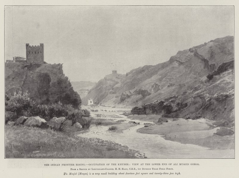A ascensão da fronteira indiana, ocupação do Khyber, vista na extremidade inferior do Ali Musjid Gorge de Amedee Forestier