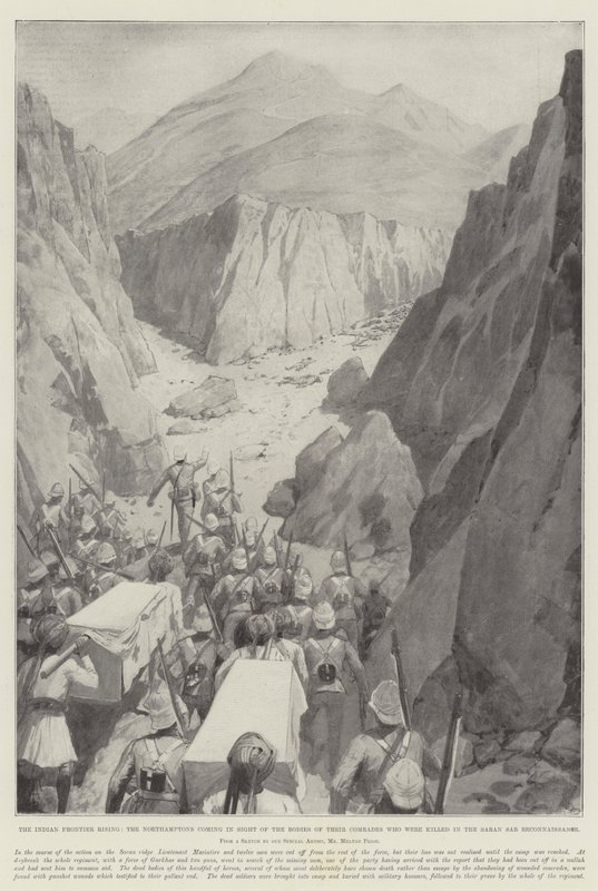 A ascensão da fronteira indiana, os Northamptons chegando à vista dos corpos de seus camaradas que foram mortos no Saran Sar Reconnaissance de Amedee Forestier