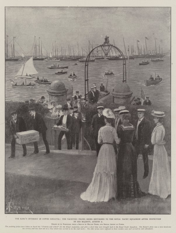 O Interesse do Rei na Regata de Cowes, os Prêmios de Iatismo sendo devolvidos ao Esquadrão de Iates Reais depois da Inspeção de Sua Majestade, 2 de agosto de Amedee Forestier